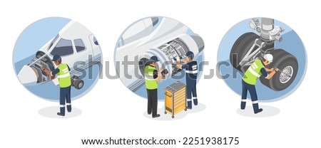 Airplane Engineer Technician Aircraft Jobs Concept Maintenance  and Repair Service Small Jet engine Flight illustration isometric isolated vector