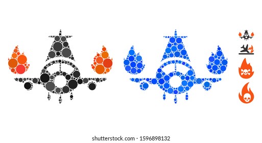 Airplane engines burn composition of small circles in variable sizes and color hues, based on airplane engines burn icon. Vector random circles are composed into blue composition.