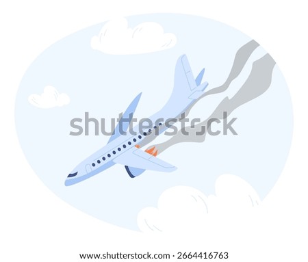 Airplane engulfed in fire and smoke falls in clouds. Airliner crash in sky. Burning engine. Aviation catastrophe. Passenger aircraft damage. Plane breakdown. Transportation disaster. Vector concept