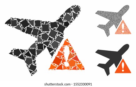 Airplane error composition of rugged pieces in different sizes and color tinges, based on airplane error icon. Vector tuberous pieces are organized into collage.