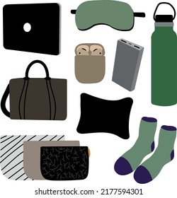 Airplane essentials for long flights illustration collection. Illustration of items needed while traveling. Equipment for traveling abroad and into the country