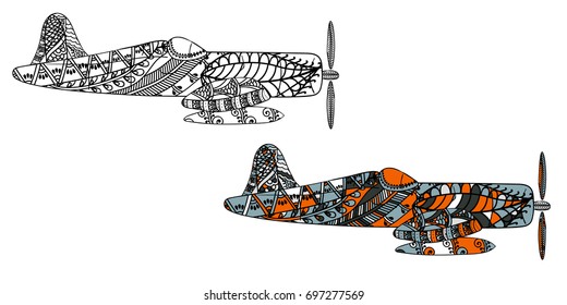 Airplane with ethnic doodle pattern. Zentangle inspired pattern for anti stress coloring book pages for adults and kids. Black on white and colored in one