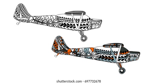 Airplane with ethnic doodle pattern. Zentangle inspired pattern for anti stress coloring book pages for adults and kids. Black on white and colored in one