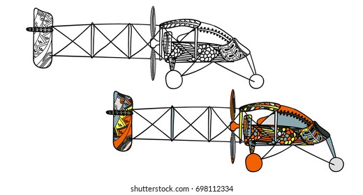 Airplane with ethnic doodle pattern. Zentangle inspired pattern for anti stress coloring book pages for adults and kids. Black on white and colored in one