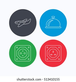 Air-plane, european socket and reception bell icons. UK socket linear sign. Linear icons on colored buttons. Flat web symbols. Vector
