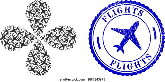 Airplane exploding composition, and blue round FLIGHTS unclean rubber print with icon inside. Element flower composed from oriented airplane items. Vector flower collage in flat style.