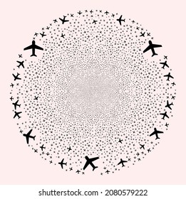 Airplane explosion spheric cluster. Object pattern is organized from random airplane pictographs as burst spheric cluster. Abstraction round cluster collage created from airplane icons.