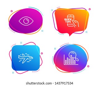Airplane, Eye and Education icons simple set. Search sign. Plane, View or vision, Quick tips. Analytics. Technology set. Speech bubble airplane icon. Colorful banners design set. Vector