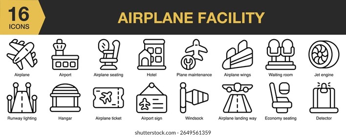 Conjunto de ícones da Instalação do Avião. Inclui avião, aeroporto, instalações, aviação, terminal e Mais. Contornar coleção de vetores de ícones.