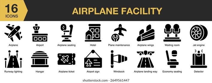 Conjunto de ícones sólidos da Instalação do Avião. Inclui avião, aeroporto, instalações, aviação, terminal e Mais. Coleção vetorial de ícones sólidos.