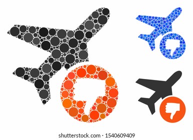 Airplane fail mosaic of circle elements in different sizes and color tinges, based on airplane fail icon. Vector circle elements are organized into blue illustration.