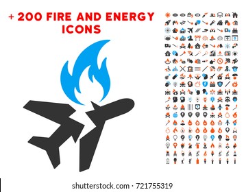 Airplane Fire Crash pictograph with bonus energy symbols. Vector illustration style is flat iconic symbols for web design, application ui.