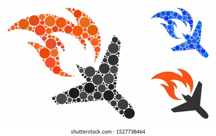 Airplane fire disaster composition of filled circles in variable sizes and color tints, based on airplane fire disaster icon. Vector filled circles are organized into blue collage.
