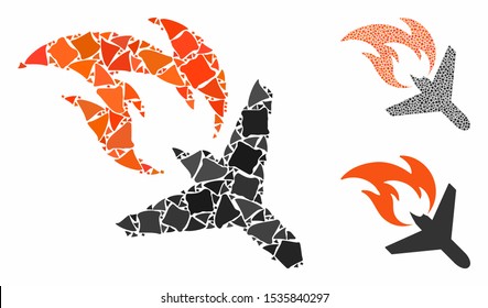 Airplane fire disaster composition of ragged parts in variable sizes and color hues, based on airplane fire disaster icon. Vector ragged parts are organized into collage.