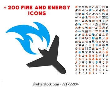 Airplane Fire Disaster icon with bonus power pictograph collection. Vector illustration style is flat iconic symbols for web design, app ui.