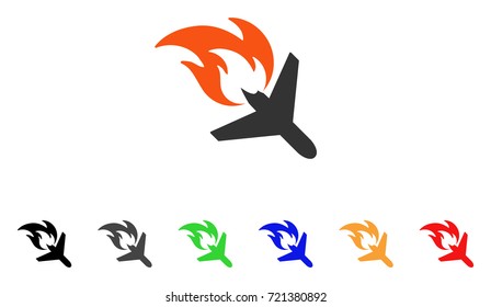 Airplane Fire Disaster icon. Vector illustration style is a flat iconic airplane fire disaster symbol with black, gray, green, blue, red, orange color variants.