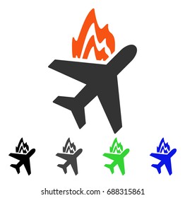 Airplane Fire flat vector illustration. Colored airplane fire gray, black, blue, green pictogram versions. Flat icon style for application design.