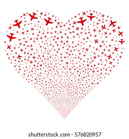 Airplane fireworks with heart shape. Vector illustration style is flat red iconic symbols on a white background. Object heart made from confetti icons.