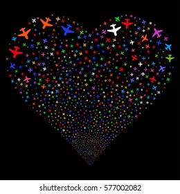 Airplane fireworks with heart shape. Vector illustration style is flat bright multicolored iconic symbols on a black background. Object love heart done from confetti pictograms.