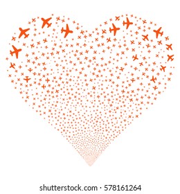 Airplane fireworks with heart shape. Vector illustration style is flat orange iconic symbols on a white background. Object stream combined from random icons.