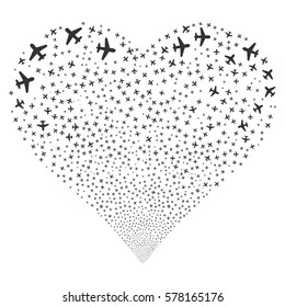 Airplane fireworks with heart shape. Vector illustration style is flat gray iconic symbols on a white background. Object salute combined from confetti icons.