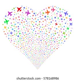 Airplane fireworks with heart shape. Vector illustration style is flat bright multicolored iconic symbols on a white background. Object valentine heart made from random icons.