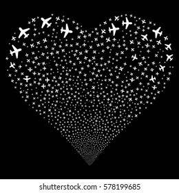 Airplane fireworks with heart shape. Vector illustration style is flat white iconic symbols on a black background. Object valentine heart constructed from scattered symbols.