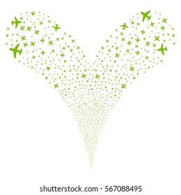Airplane fireworks stream. Vector illustration style is flat eco green iconic symbols on a white background. Object double fountain made from random pictograms.
