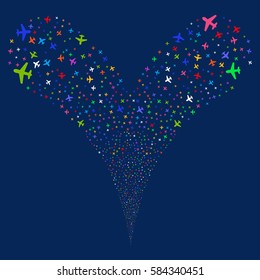 Airplane fireworks stream. Vector illustration style is flat bright multicolored iconic symbols on a blue background. Object double fountain created from random design elements.