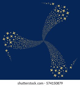 Airplane fireworks swirl rotation. Vector illustration style is flat yellow iconic symbols on a blue background. Object whirlpool made from random symbols.