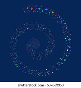 Airplane fireworks swirl spiral. Vector illustration style is flat bright multicolored scattered symbols. Object whirlpool combined from scattered icons.