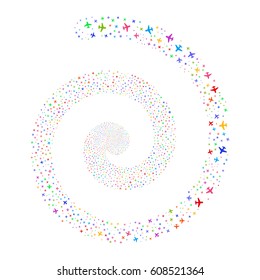 Airplane fireworks vortex spiral. Vector illustration style is flat bright multicolored scattered symbols. Object swirl created from random pictographs.