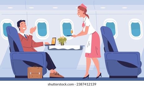 Airplane first class. Businessman onboard person business jet, passenger in comfort chair inside plane cabin luxury interior with stewardess, travel trip classy vector illustration