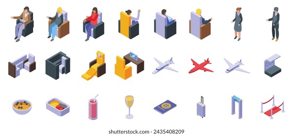 Airplane first class icons set isometric vector. Plane onboard. Travel jet trip