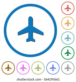 Airplane flat color vector icons with shadows in round outlines on white background