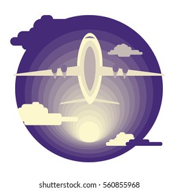 Airplane in flat design. Bottom view in the cloudy sky on sunset or sunrise background. Vector illustration eps 10