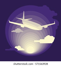 Airplane in flat design. Bottom view in the cloudy sky on sunset or sunrise background. Vector illustration eps 10