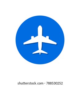 Airplane flat icon round blue background. Vector isolated plane icon.