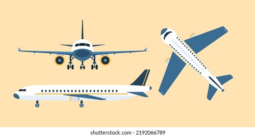 Airplane Flat Icon Set, Front, Side And Top View, Vector, Illustration