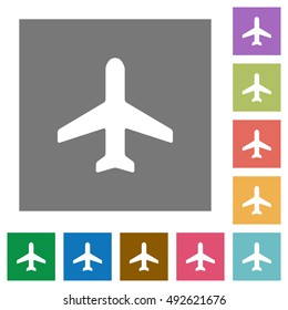 Airplane flat icon set on color square background.