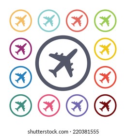 airplane flat icons set. Open round colorful buttons. Vector 