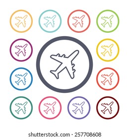 airplane flat icons set. Open colorful buttons 