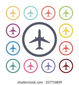 airplane flat icons set. Open colorful buttons 