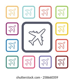 airplane flat icons set. Open colorful buttons 
