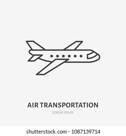 Airplane flat line icon. Jet sign. Thin linear logo for air delivery, freight services or travel.