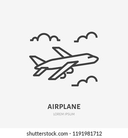 Airplane flat line icon. Vector sign of plane flying in clouds, aircraft travel outline logo.