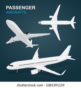 Airplane flat style illustration in top, side and front view.
Isometric plane isolated vector. Airplane flight in sky and landed.
Realistic commercial jets set.