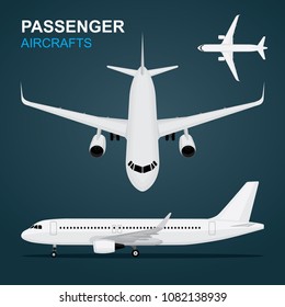 Airplane flat style illustration in top, side and front view.
Isometric plane isolated vector. Airplane flight in sky and landed.
Realistic commercial jets set.
