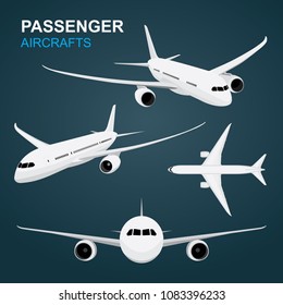 Airplane flat style illustration in top, side and front view.
Isometric plane isolated vector. Airplane flight in sky and landed.
Realistic commercial jets set.