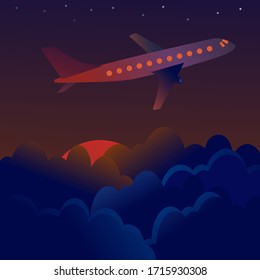Airplane flies above clouds in sunset
